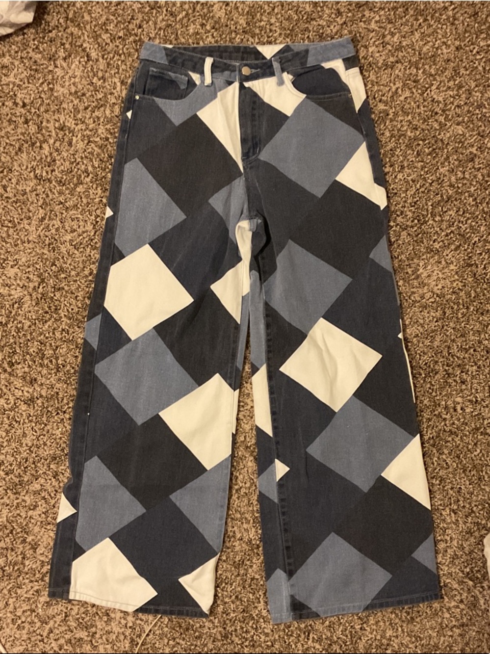 SHEIN High Rise Wide Leg Patchwork Diamond Print Jeans - Blue, Black, White